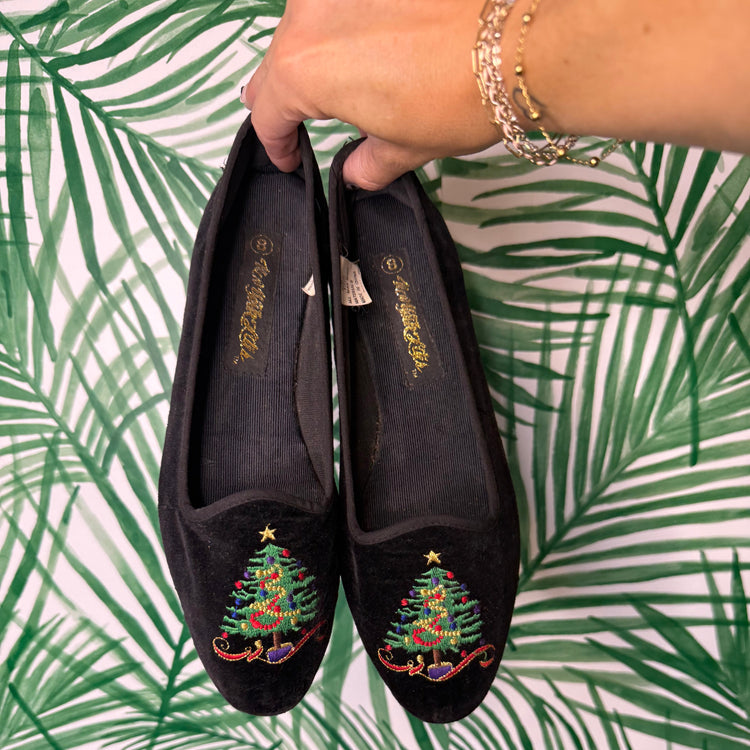 Vintage Velvet Holiday Flats β Christmas Tree Embroidery, Size 8