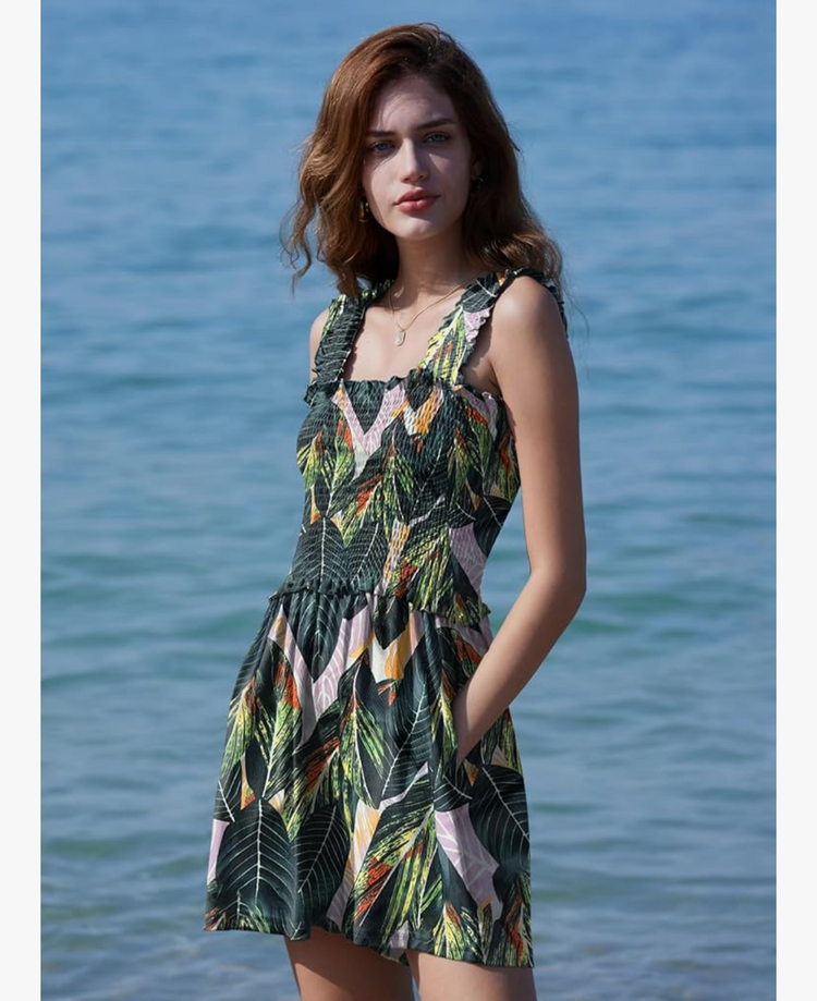 Tropical Leaf Print Smocked Romper – Size Small