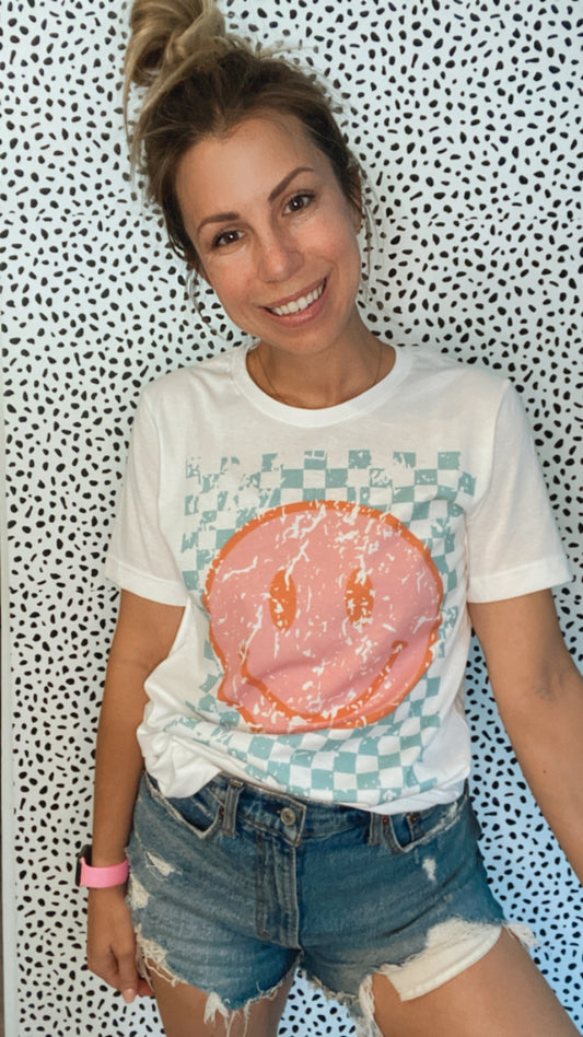 Smiley face checkered T-shirt