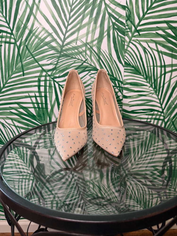 Anne Michelle Nude Mesh Rhinestone Heels – Size 8.5