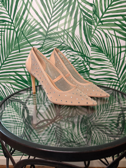 Anne Michelle Nude Mesh Rhinestone Heels – Size 8.5