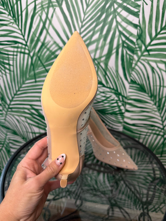 Anne Michelle Nude Mesh Rhinestone Heels – Size 8.5
