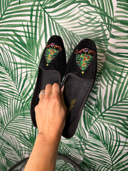 Vintage Velvet Holiday Flats – Christmas Tree Embroidery, Size 8