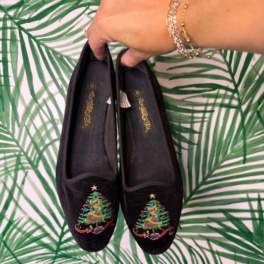 Vintage Velvet Holiday Flats – Christmas Tree Embroidery, Size 8