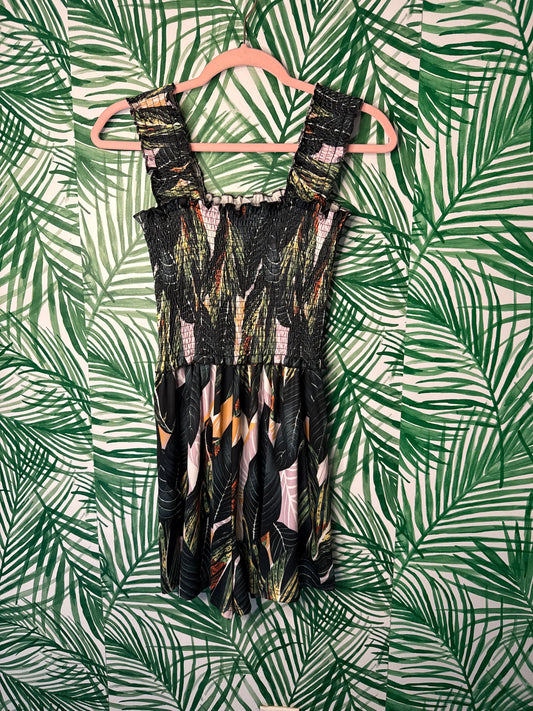 Tropical Leaf Print Smocked Romper – Size Small