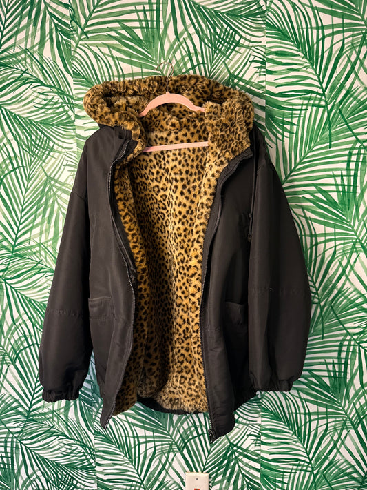 Vintage Reversible Leopard Faux Fur Coat – Size XS (oversized)