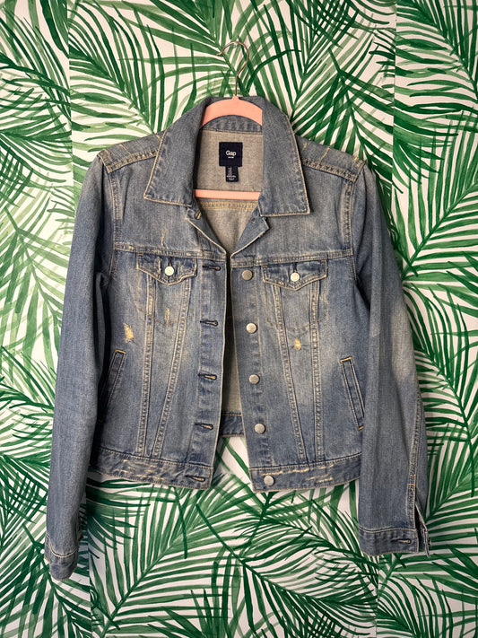 GAP Distressed Medium Wash Denim Jacket – Size Small