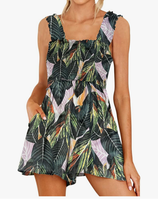 Tropical Leaf Print Smocked Romper – Size Small