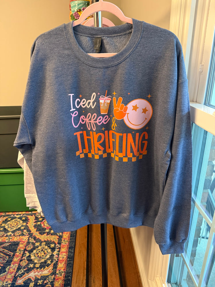 Iced coffee and thrifting sweatshirt